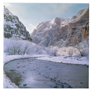 Azulejo De Cerâmica EUA, Utah, Zion NP. Neve fresca cobre o canyon