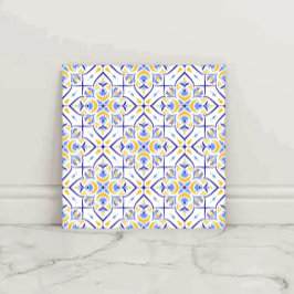 Azulejo De Cerâmica European Floral Blue and Gold Geometric Mosaic
