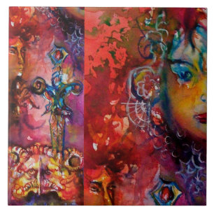 Azulejo De Cerâmica EXCALIBUR, RAINHA DA ESPADA MÁGICA Fantasy Red Yel