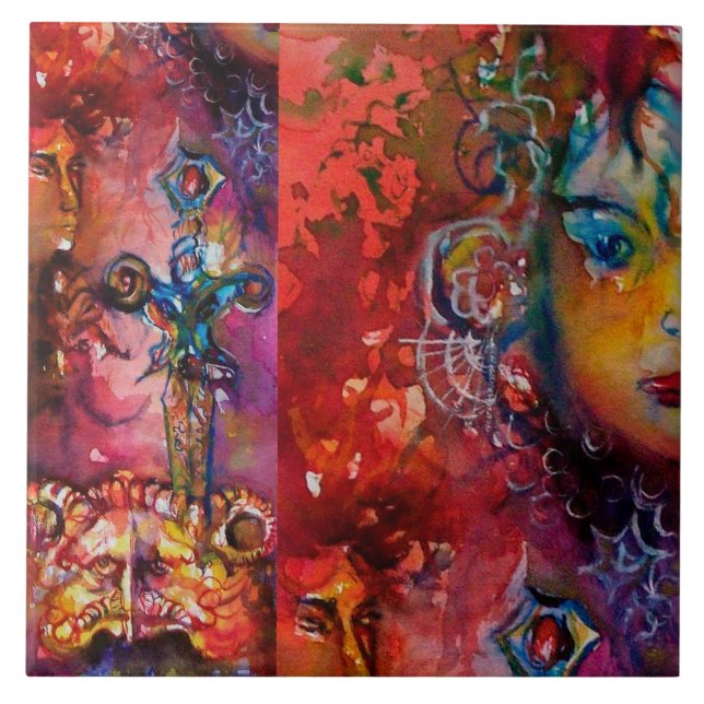 Azulejo De Cerâmica EXCALIBUR, RAINHA DA ESPADA MÁGICA Fantasy Red Yel (Frente)