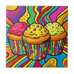 Azulejo De Cerâmica Explosão de Cupcakes com Arco-íris da Pop Art