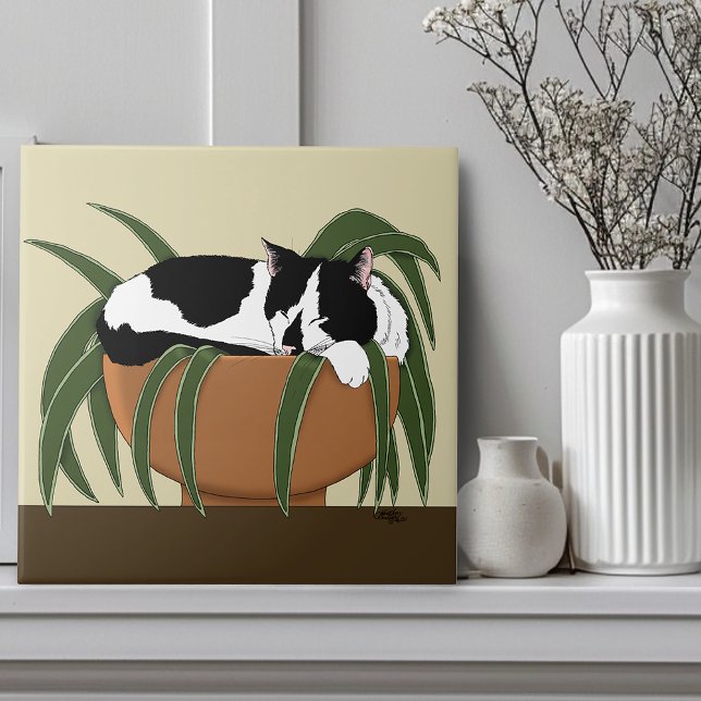 Azulejo De Cerâmica Fábrica Branca Negra de Gato Engraçado (Criador carregado)