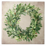 Azulejo De Cerâmica Fábrica de Aquecimentos Russos de Madeira de Boxwo<br><div class="desc">Um azulejo cerâmico perfeito para sua decoração. Coroa de boxwood com bagas secas em fundo texturizado rústico. Um gráfico de aquarela simples foi usado para fazer este azulejo cerâmico de fazenda.</div>