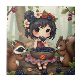 Azulejo De Cerâmica Fada Chibi Comendo Amoras com Amigos da Floresta