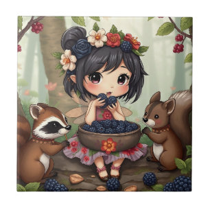 Azulejo De Cerâmica Fada Chibi Comendo Amoras com Amigos da Floresta