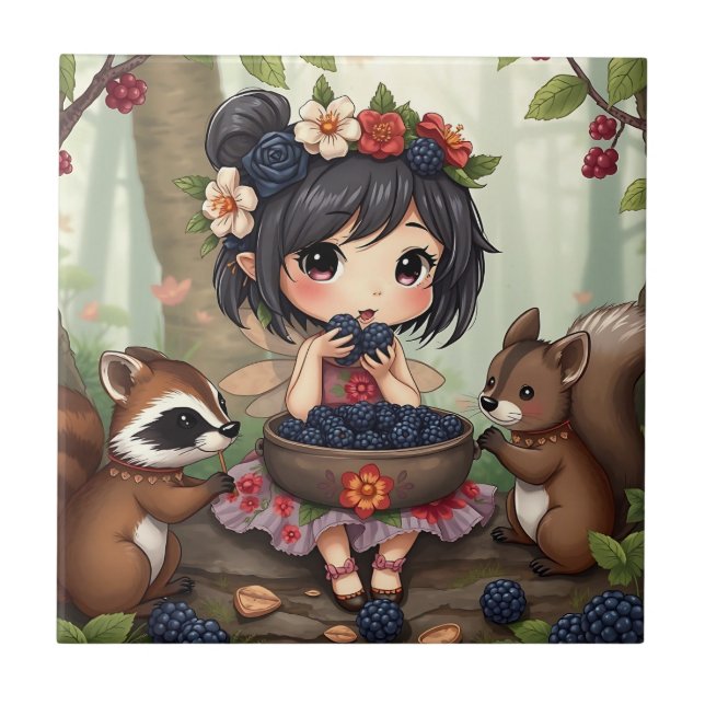 Azulejo De Cerâmica Fada Chibi Comendo Amoras com Amigos da Floresta (Frente)