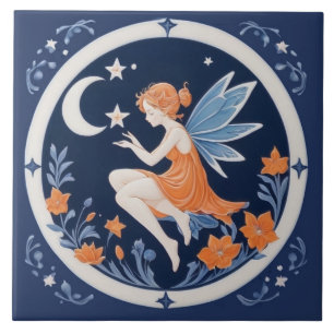 Azulejo De Cerâmica Fada com Lua & Estrelas Azul noturno & laranja