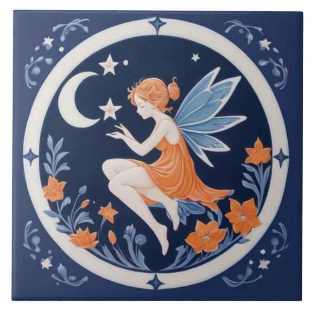 Azulejo De Cerâmica Fada com Lua & Estrelas Azul noturno & laranja (Frente)