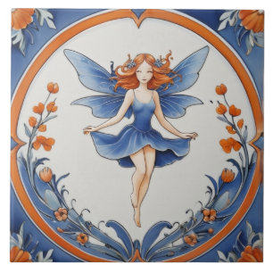 Azulejo De Cerâmica Fada de Cabeça Vermelha na Natureza Floral Azul e