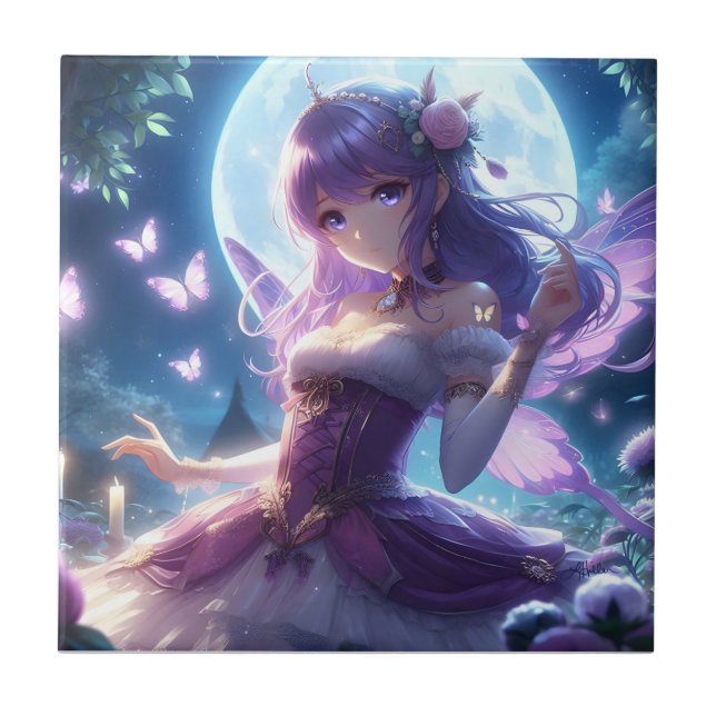 Azulejo De Cerâmica Fada de Lua de Lua de Violeta da Menina de Anime (Frente)
