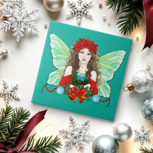 Azulejo De Cerâmica Fada de Natal Fantasia Azevinho Sininhos Poinsetti