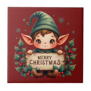Azulejo De Cerâmica Fada de Natal Fofo Segurando Placa Alegre