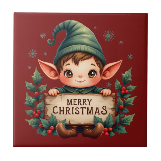 Azulejo De Cerâmica Fada de Natal Fofo Segurando Placa Alegre (Frente)