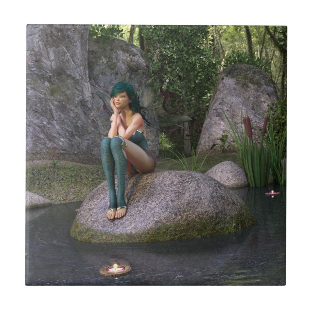 Azulejo De Cerâmica Fada no lago encantado (Frente)