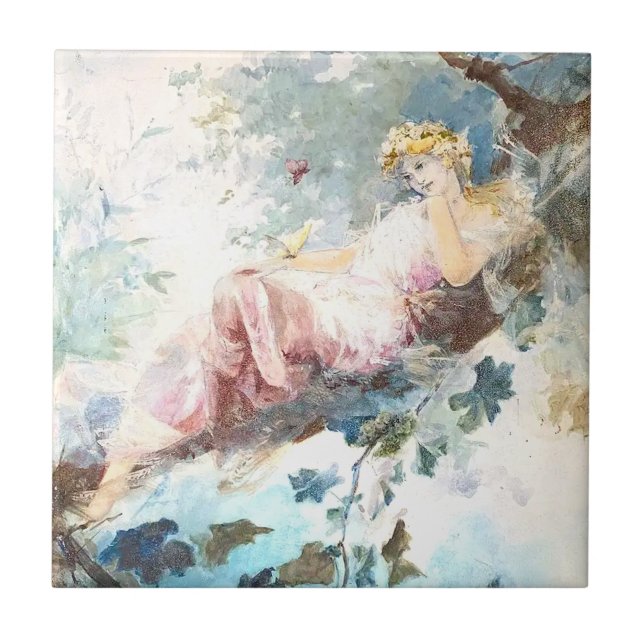 Azulejo De Cerâmica Fada rosa das borboletas (Frente)