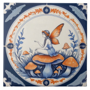 Azulejo De Cerâmica Fada sentada em um cogumelo azul e laranja