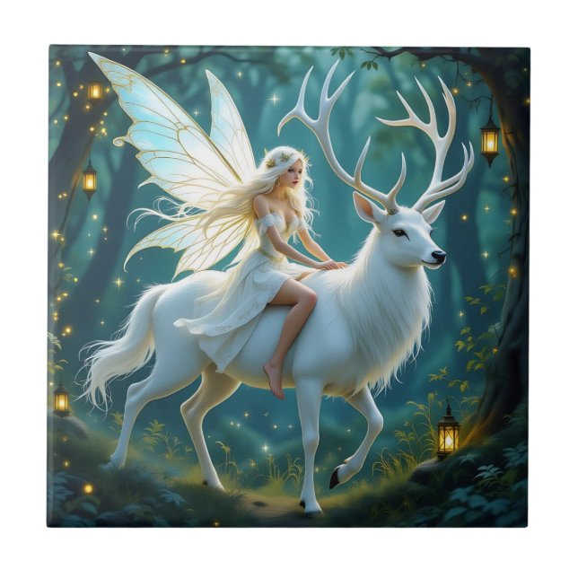 Azulejo De Cerâmica Fairy and White Deer Magical Forest (Frente)
