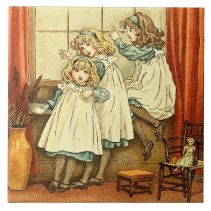 Azulejo De Cerâmica Fairytale Três Meninas Janela Kate Greenaway