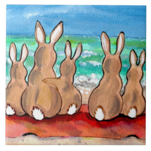 Azulejo De Cerâmica Família Beach Bunnies em Blanket, Trivet de Azule