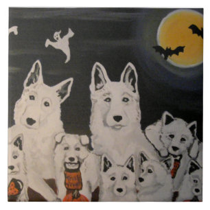 Azulejo De Cerâmica Família de cão branca do Dia das Bruxas