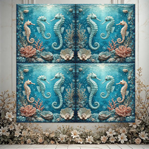 Azulejo De Cerâmica Família de Cavalos-Marinhos Costeiros Corais Oceân