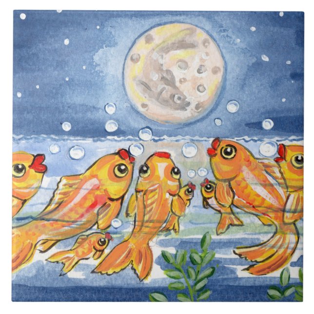 Azulejo De Cerâmica Família de peixes e Trivet de Azulejo Azul Lua de  (Frente)