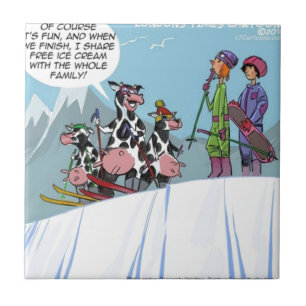 Azulejo De Cerâmica Família de Vaca Esquiando na Neve Divertido