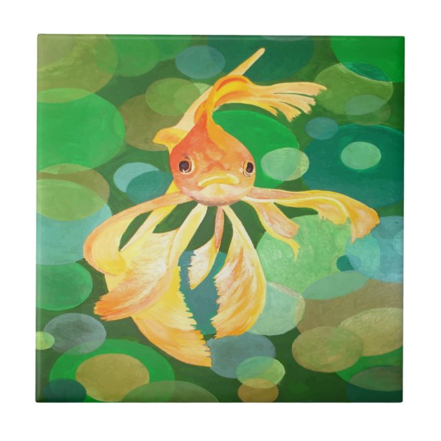 Azulejo De Cerâmica Fantail Goldfish Com Vetor De Bolhas Verdes (Frente)