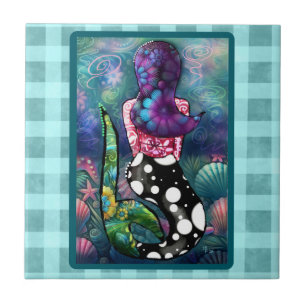 Azulejo De Cerâmica Fantasia Abstrata Sereia Náutica Conchas de Teal