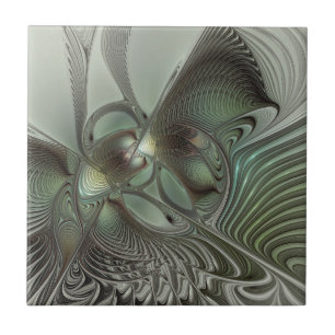 Azulejo De Cerâmica Fantasia de Arte Fractal da Cinza Olive Sage
