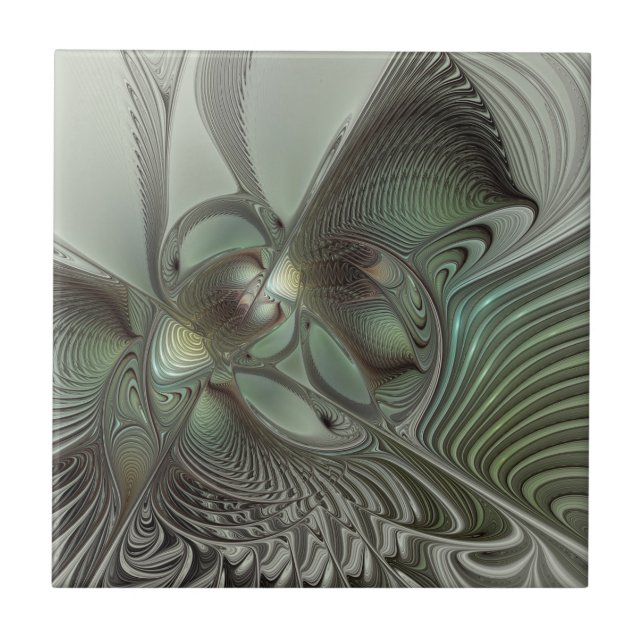 Azulejo De Cerâmica Fantasia de Arte Fractal da Cinza Olive Sage (Frente)