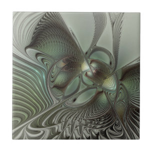 Azulejo De Cerâmica Fantasia de Arte Fractal da Cinza Olive Sage