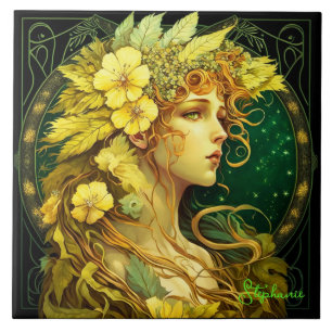 Azulejo De Cerâmica Fantasia de Fada de Floresta Amarela Encantada