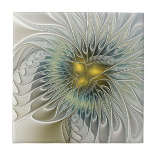 Azulejo De Cerâmica Fantasia de Flor de Prata Dourada Arte Fractal Abs