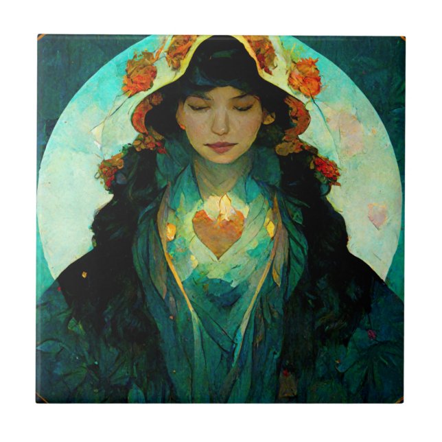 Azulejo De Cerâmica Fantasia de Mulher do Coração Brilhante Sci-Fi (Frente)