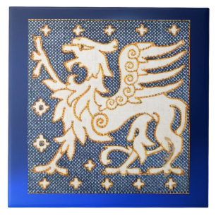 AZULEJO DE CERÂMICA FANTASIA DOURADA BRANCA GRIFFIN EM AZUL