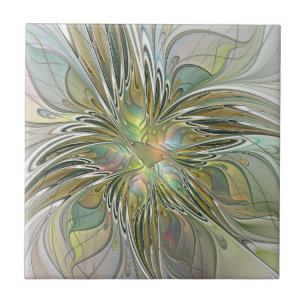 Azulejo De Cerâmica Fantasia Floral Arte Fractal Moderna Com Dourado