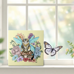 Azulejo De Cerâmica Fantasia Floral de Gato Fada Tabby Pastel Capricho