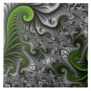 Azulejo De Cerâmica Fantasia Mundo Verde E Cinza De Arte Fractal