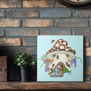 Azulejo De Cerâmica Fantasioso Rato Casa de Cogumelo Floral Azul