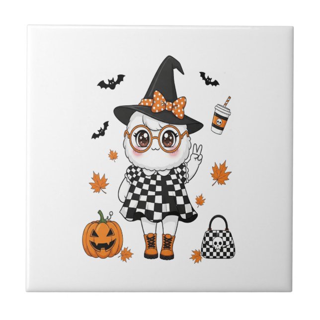 Azulejo De Cerâmica Fantasma de Halloween Fofo (Frente)