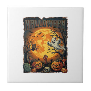 Azulejo De Cerâmica Fantasma do Halloween Lua Cheia Lanternas de Jack