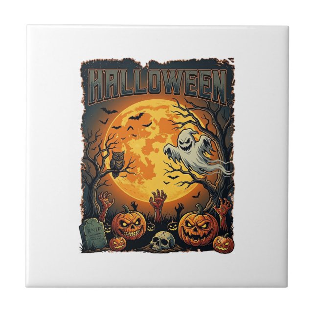 Azulejo De Cerâmica Fantasma do Halloween Lua Cheia Lanternas de Jack  (Frente)