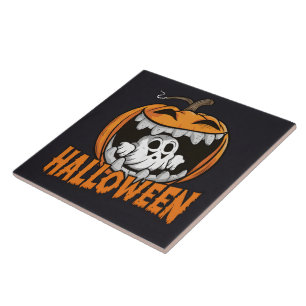 Azulejo De Cerâmica Fantasma emergente de uma abóbora gigante do Hallo