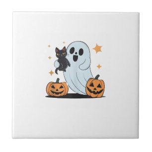 Azulejo De Cerâmica Fantasma Engraçado Segurando Um Gato Preto Preguiç