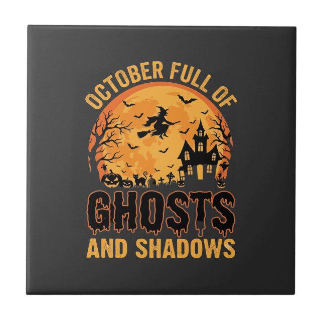 Azulejo De Cerâmica Fantasmas e Sombras Design da Lua de Halloween (Frente)