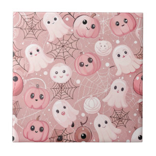 Azulejo De Cerâmica Fantasmas Rosa e Pumpkins Whimseen