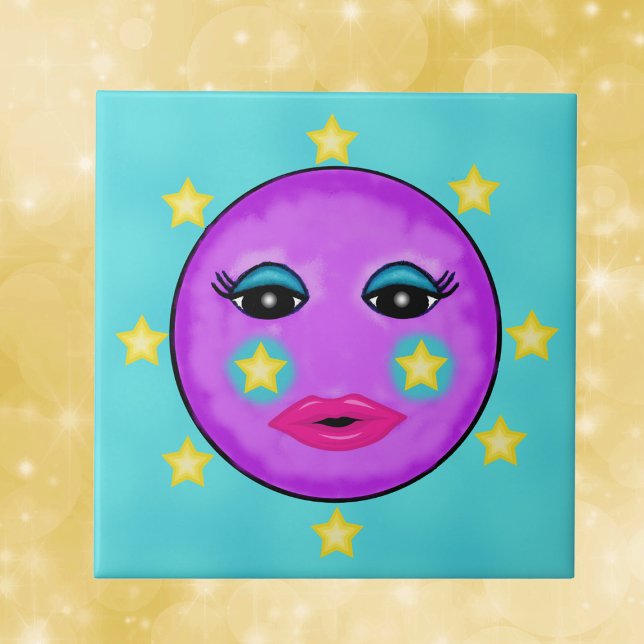 Azulejo De Cerâmica Fantástica e Bonita Lua Roxinha Estrelas (Purple moon with face pink lips surrounded by yellow stars on aqua blue decorative tile.)