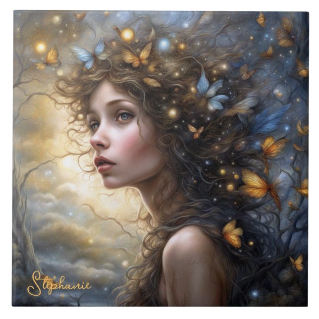 Azulejo De Cerâmica Fantasy Bela Borboleta Fada (Frente)