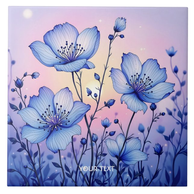 Azulejo De Cerâmica Fantasy Cute Blue Flowers Field (Frente)